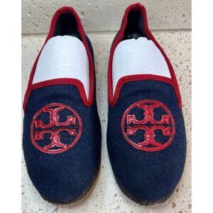 TORY BURCH Navy Blue Billy Logo Wool felt slippers Slip on Loafers Women's Sz 5